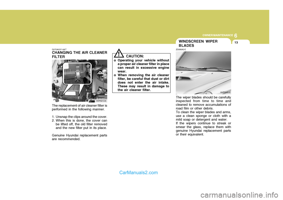 Hyundai Terracan 2005  Owners Manual 6
OWNER MAINTENANCE
13
!
G070A03Y-AAT
CHANGING THE AIR CLEANER FILTER CAUTION:
o Operating your vehicle without a proper air cleaner filter in place can result in excessive enginewear.
o When removing