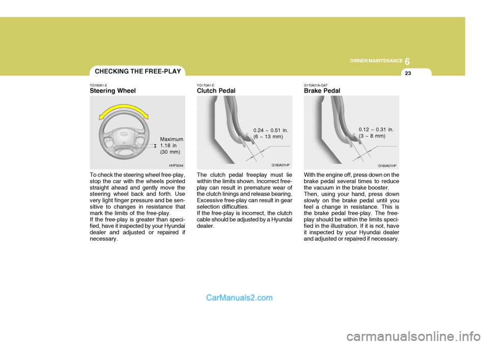 Hyundai Terracan 2005  Owners Manual 6
OWNER MAINTENANCE
23
To check the steering wheel free-play, stop the car with the wheels pointedstraight ahead and gently move the steering wheel back and forth. Use very light finger pressure and b