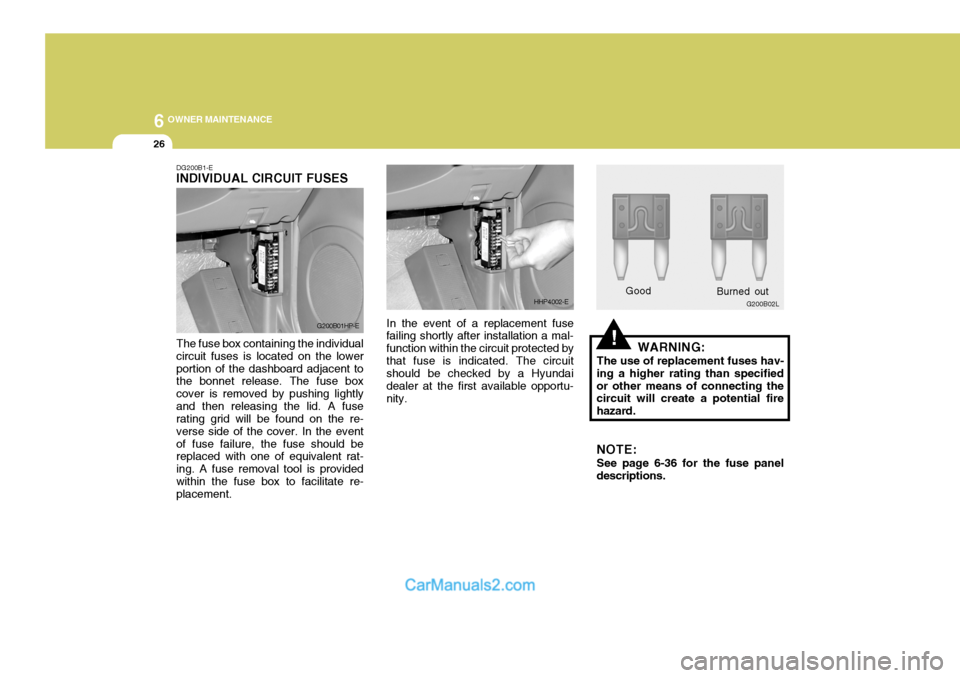 Hyundai Terracan 2005  Owners Manual 6 OWNER MAINTENANCE
26
!
DG200B1-E INDIVIDUAL CIRCUIT FUSES The fuse box containing the individual circuit fuses is located on the lowerportion of the dashboard adjacent to the bonnet release. The fus