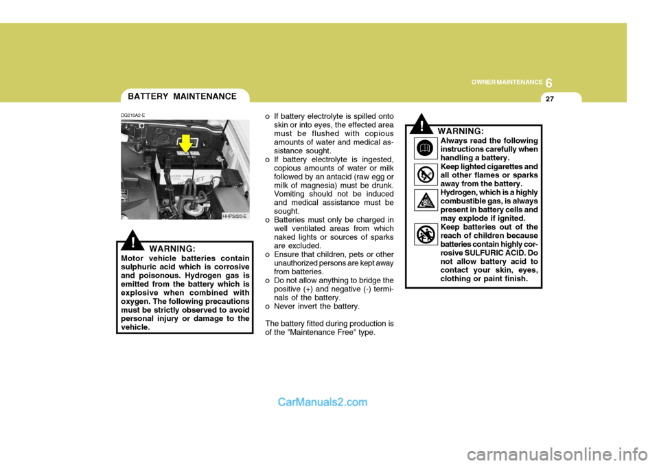 Hyundai Terracan 2005  Owners Manual 6
OWNER MAINTENANCE
27
!WARNING:
Motor vehicle batteries contain sulphuric acid which is corrosive and poisonous. Hydrogen gas isemitted from the battery which is explosive when combined with oxygen. 