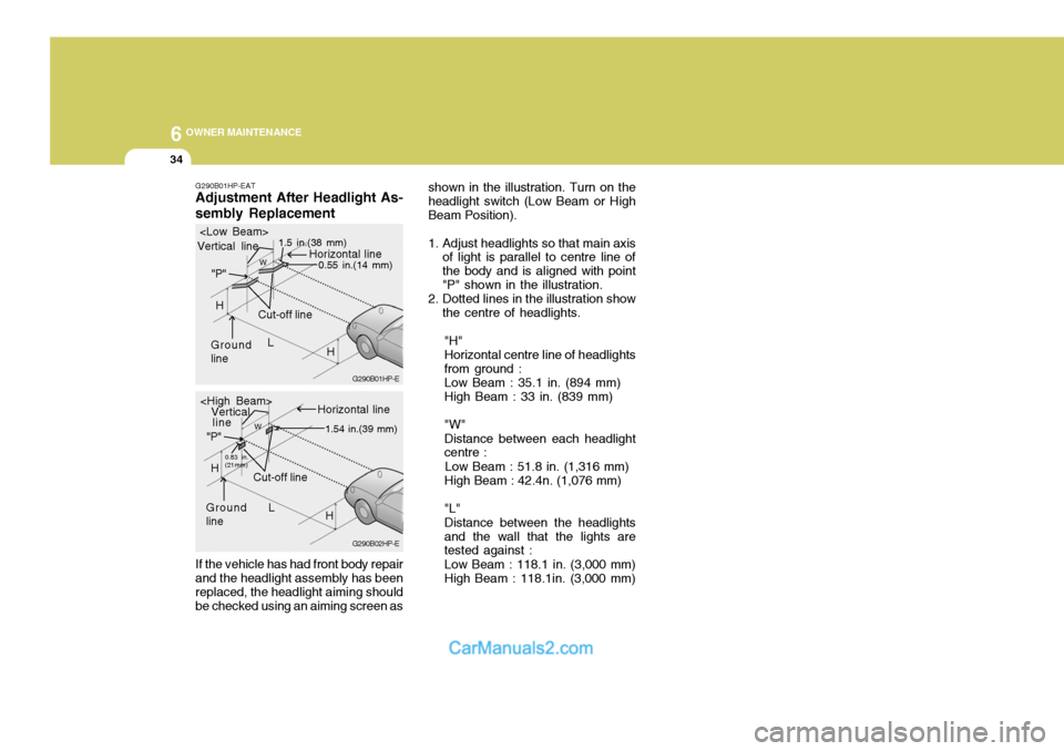 Hyundai Terracan 2005  Owners Manual 6 OWNER MAINTENANCE
34
G290B01HP-EAT Adjustment After Headlight As- sembly Replacement If the vehicle has had front body repair and the headlight assembly has been replaced, the headlight aiming shoul