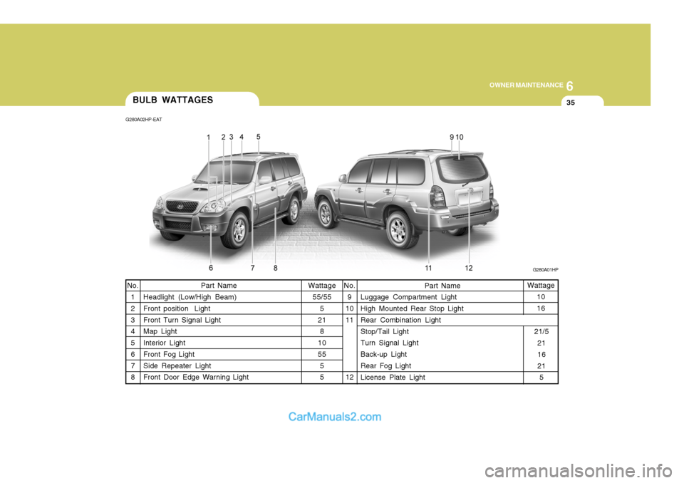 Hyundai Terracan 2005  Owners Manual 6
OWNER MAINTENANCE
35
Wattage 55/55 5
21 8
10 55 55
Part Name
Headlight (Low/High Beam)Front position  Light Front Turn Signal Light Map Light Interior Light Front Fog Light Side Repeater Light Front