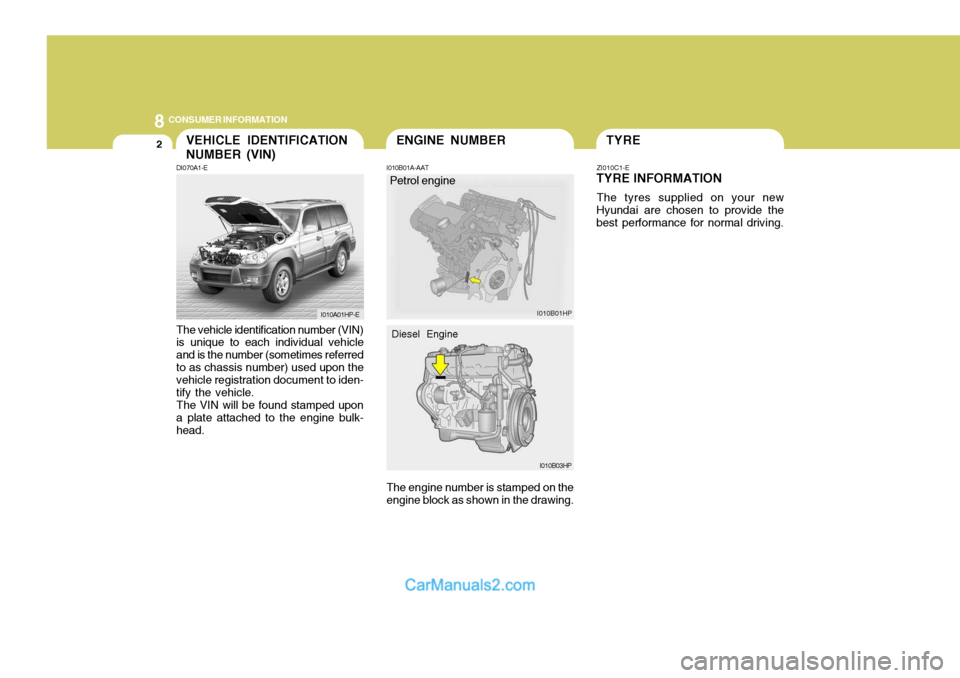 Hyundai Terracan 2005  Owners Manual 8CONSUMER INFORMATION
2
The vehicle identification number (VIN) is unique to each individual vehicle and is the number (sometimes referredto as chassis number) used upon the vehicle registration docum