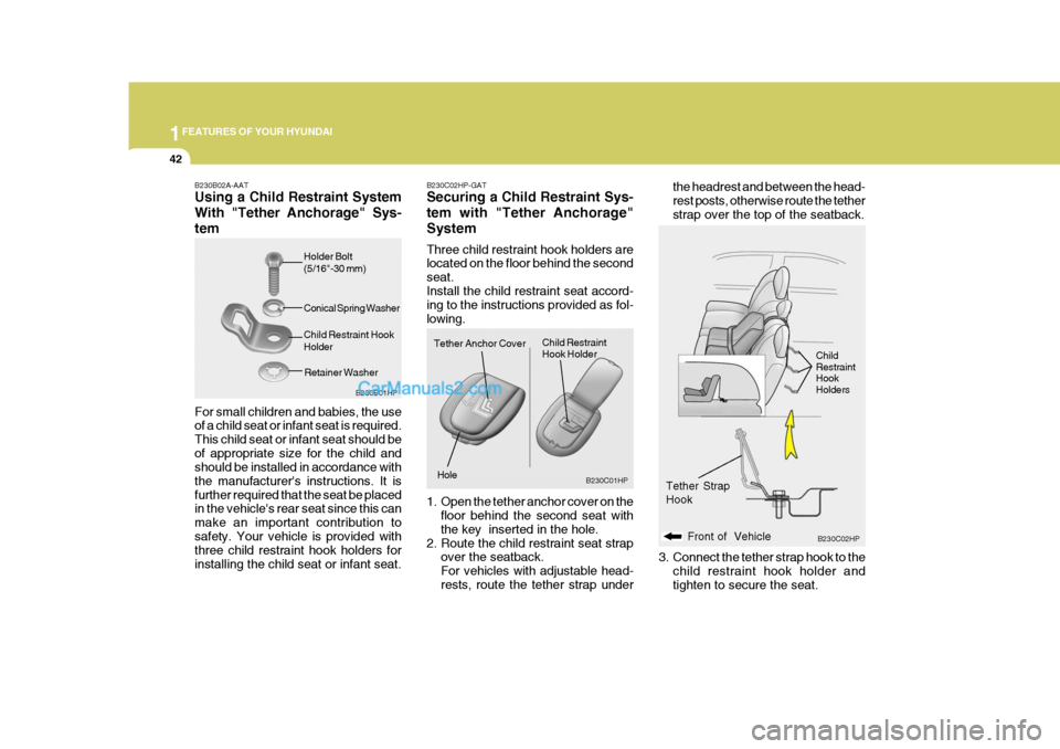 Hyundai Terracan 2005 Owners Manual 1FEATURES OF YOUR HYUNDAI
42
B230C02HP-GAT Securing a Child Restraint Sys- tem with "Tether Anchorage"System Three child restraint hook holders are located on the floor behind the second seat.Install Hyundai Terracan 2005 Owners Manual 1FEATURES OF YOUR HYUNDAI
42
B230C02HP-GAT Securing a Child Restraint Sys- tem with "Tether Anchorage"System Three child restraint hook holders are located on the floor behind the second seat.Install