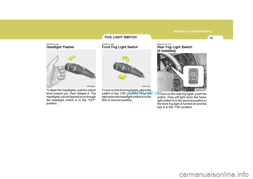 Hyundai Terracan 2005  Owners Manual 1
FEATURES OF YOUR HYUNDAI
75
B340E01A-AAT Headlight Flasher To flash the headlights, pull the switch lever toward you, then release it. The headlights can be flashed even thoughthe headlight switch i