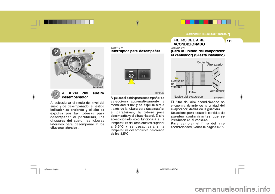 Hyundai Terracan 2005  Manual del propietario (in Spanish) 1
COMPONENTES DE SU HYUNDAI
111
HHP2143
B980F01O-AYT Interruptor para desempañar Al pulsar el botón para desempañar se selecciona automáticamente la modalidad "Frío" y se expulsa aire a través d