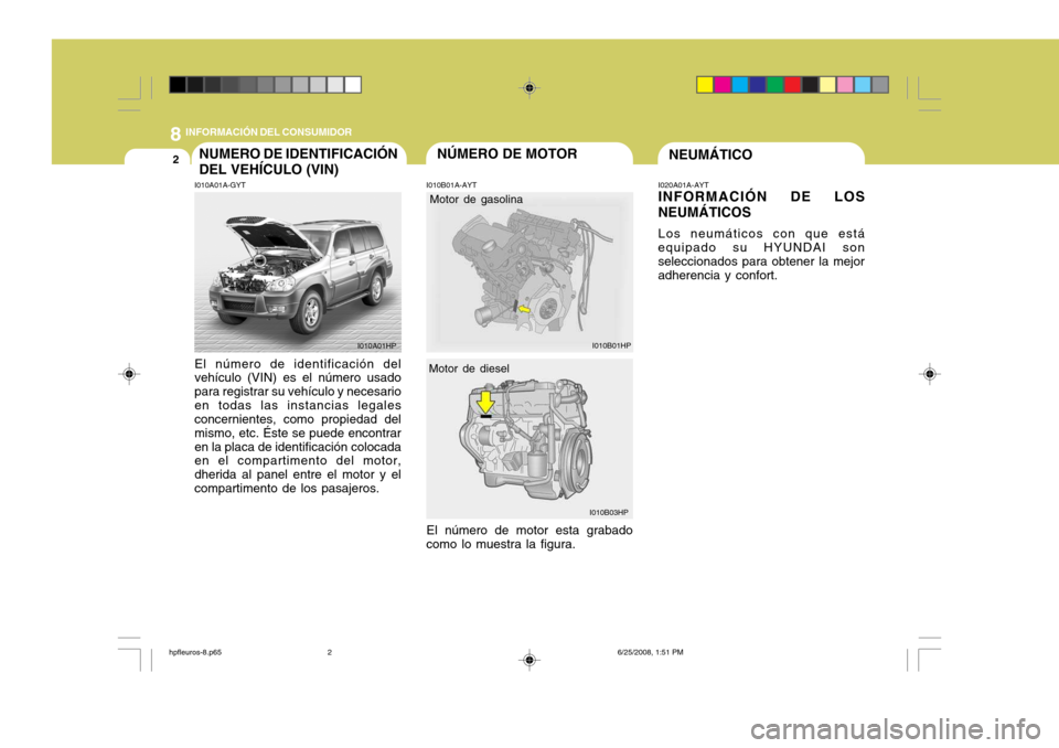 Hyundai Terracan 2005  Manual del propietario (in Spanish) 8INFORMACIÓN DEL CONSUMIDOR
2NÚMERO DE MOTOR
Motor de gasolina
I010B01HP
NEUMÁTICONUMERO DE IDENTIFICACIÓN DEL VEHÍCULO (VIN) I010B01A-AYT
I010A01A-GYT El número de identificación del vehículo