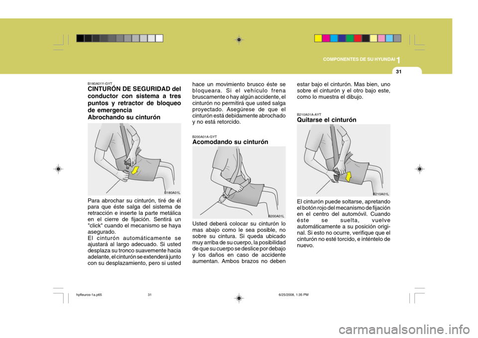 Hyundai Terracan 2005  Manual del propietario (in Spanish) 1
COMPONENTES DE SU HYUNDAI
31
B180A01Y-GYT CINTURÓN DE SEGURIDAD del conductor con sistema a trespuntos y retractor de bloqueode emergenciaAbrochando su cinturón Para abrochar su cinturón, tiré d