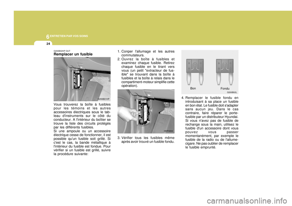 Hyundai Terracan 2005  Manuel du propriétaire (in French) 6ENTRETIEN PAR VOS SOINS
24
G200B02HP-GUT Remplacer un fusible Vous trouverez la boîte à fusibles pour les témoins et les autresaccessoires électriques sous le tab- leau dinstruments sur le côt