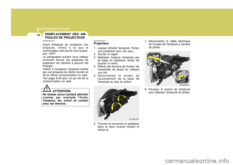 Hyundai Terracan 2005 Manuel du propriétaire (in French) 6ENTRETIEN PAR VOS SOINS
30
G270A01B-GUT
Projecteur
1. Laissez refroidir lampoule. Portez
une protection pour les yeux.
2. Ouvrez le capot.
3. Saisissez toujours lampoule par sa base en plastique, Hyundai Terracan 2005 Manuel du propriétaire (in French) 6ENTRETIEN PAR VOS SOINS
30
G270A01B-GUT
Projecteur
1. Laissez refroidir lampoule. Portez
une protection pour les yeux.
2. Ouvrez le capot.
3. Saisissez toujours lampoule par sa base en plastique,