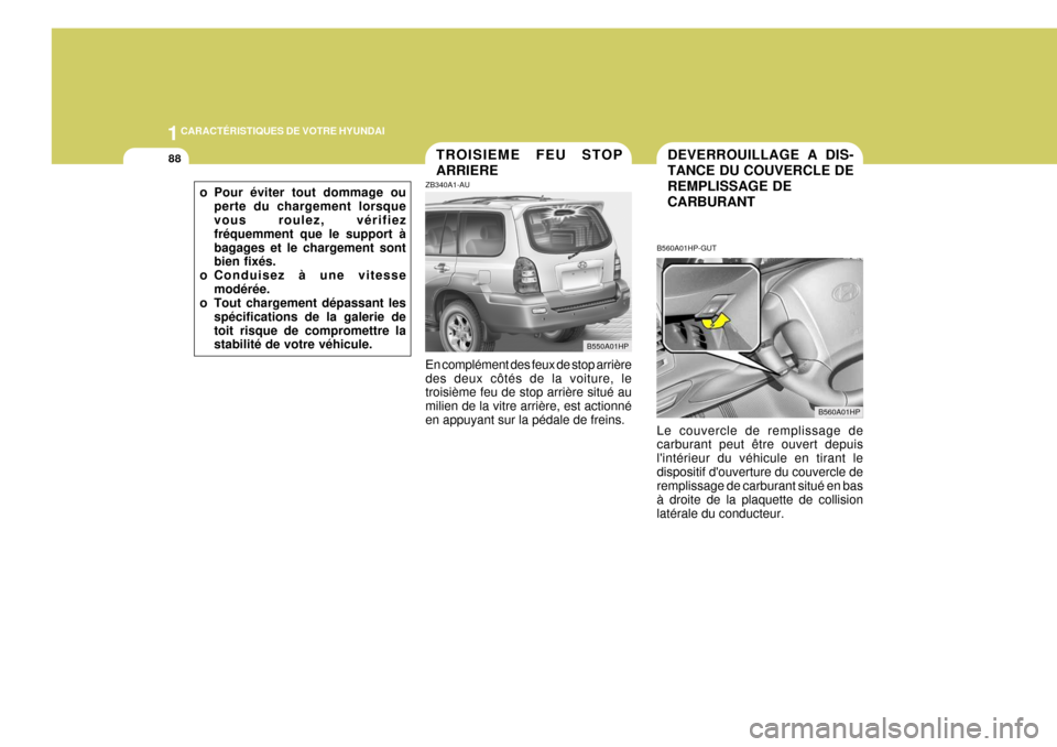 Hyundai Terracan 2005  Manuel du propriétaire (in French) 1CARACTÉRISTIQUES DE VOTRE HYUNDAI
88DEVERROUILLAGE A DIS- TANCE DU COUVERCLE DE REMPLISSAGE DECARBURANTTROISIEME FEU STOP ARRIERE
B550A01HP
ZB340A1-AU En complément des feux de stop arrière des de