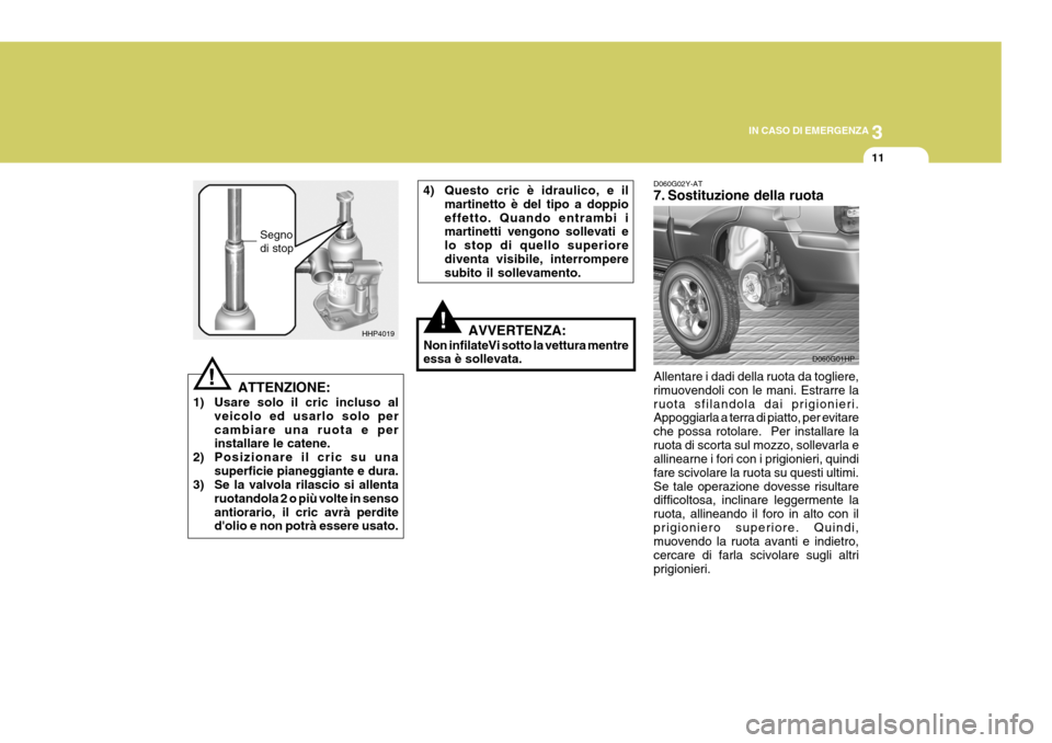 Hyundai Terracan 2005 Manuale del proprietario (in Italian) 3
IN CASO DI EMERGENZA
11
!
!
ATTENZIONE:
1) Usare solo il cric incluso al veicolo ed usarlo solo per cambiare una ruota e per installare le catene.
2) Posizionare il cric su una superficie pianeggian Hyundai Terracan 2005 Manuale del proprietario (in Italian) 3
IN CASO DI EMERGENZA
11
!
!
ATTENZIONE:
1) Usare solo il cric incluso al veicolo ed usarlo solo per cambiare una ruota e per installare le catene.
2) Posizionare il cric su una superficie pianeggian