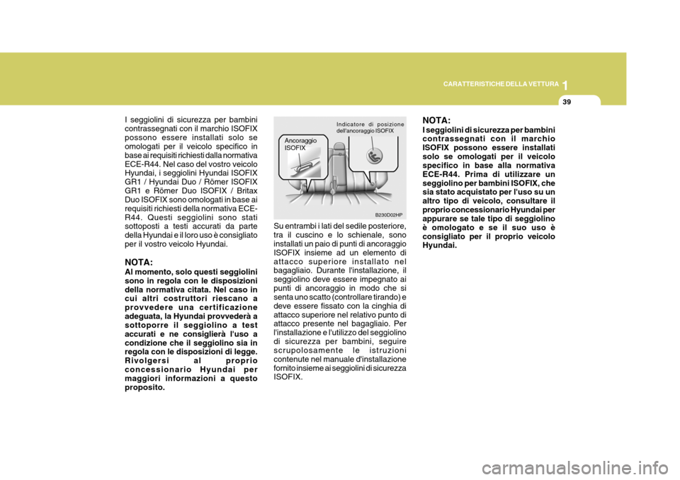 Hyundai Terracan 2005 Manuale del proprietario (in Italian) 1
CARATTERISTICHE DELLA VETTURA
39
I seggiolini di sicurezza per bambini contrassegnati con il marchio ISOFIXpossono essere installati solo se omologati per il veicolo specifico in base ai requisiti r Hyundai Terracan 2005 Manuale del proprietario (in Italian) 1
CARATTERISTICHE DELLA VETTURA
39
I seggiolini di sicurezza per bambini contrassegnati con il marchio ISOFIXpossono essere installati solo se omologati per il veicolo specifico in base ai requisiti r