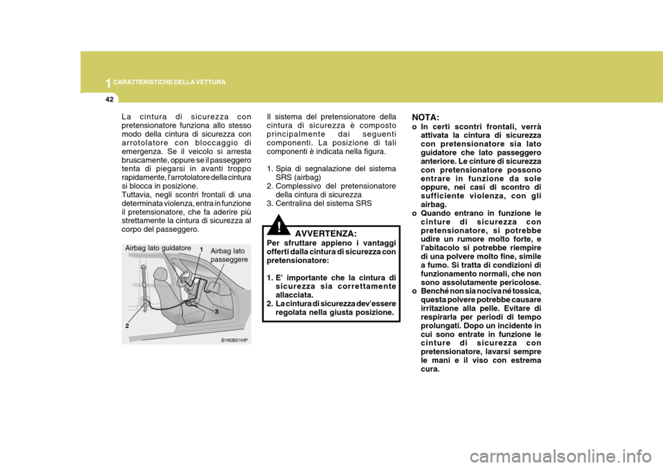 Hyundai Terracan 2005 Manuale del proprietario (in Italian) 1CARATTERISTICHE DELLA VETTURA
42
NOTA:
o In certi scontri frontali, verràattivata la cintura di sicurezza con pretensionatore sia latoguidatore che lato passeggero anteriore. Le cinture di sicurezz Hyundai Terracan 2005 Manuale del proprietario (in Italian) 1CARATTERISTICHE DELLA VETTURA
42
NOTA:
o In certi scontri frontali, verràattivata la cintura di sicurezza con pretensionatore sia latoguidatore che lato passeggero anteriore. Le cinture di sicurezz
