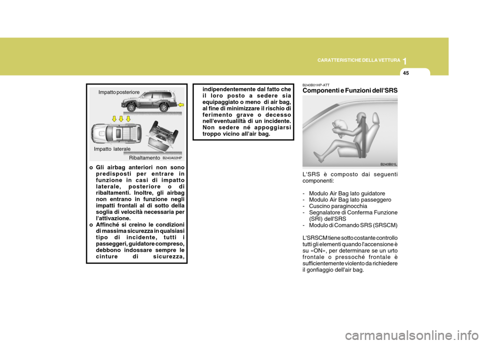 Hyundai Terracan 2005 Manuale del proprietario (in Italian) 1
CARATTERISTICHE DELLA VETTURA
45
Impatto posteriore
B240A02HP
Impatto laterale
Ribaltamento
o Gli airbag anteriori non sonopredisposti per entrare in funzione in casi di impattolaterale, posteriore Hyundai Terracan 2005 Manuale del proprietario (in Italian) 1
CARATTERISTICHE DELLA VETTURA
45
Impatto posteriore
B240A02HP
Impatto laterale
Ribaltamento
o Gli airbag anteriori non sonopredisposti per entrare in funzione in casi di impattolaterale, posteriore