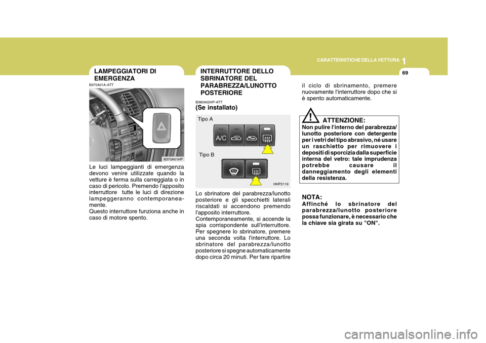 Hyundai Terracan 2005 Manuale del proprietario (in Italian) 1
CARATTERISTICHE DELLA VETTURA
69INTERRUTTORE DELLO SBRINATORE DELPARABREZZA/LUNOTTOPOSTERIORELAMPEGGIATORI DI EMERGENZA
B370A01HP HHP2119
Tipo A
Tipo B
B370A01A-ATT Le luci lampeggianti di emergenza Hyundai Terracan 2005 Manuale del proprietario (in Italian) 1
CARATTERISTICHE DELLA VETTURA
69INTERRUTTORE DELLO SBRINATORE DELPARABREZZA/LUNOTTOPOSTERIORELAMPEGGIATORI DI EMERGENZA
B370A01HP HHP2119
Tipo A
Tipo B
B370A01A-ATT Le luci lampeggianti di emergenza