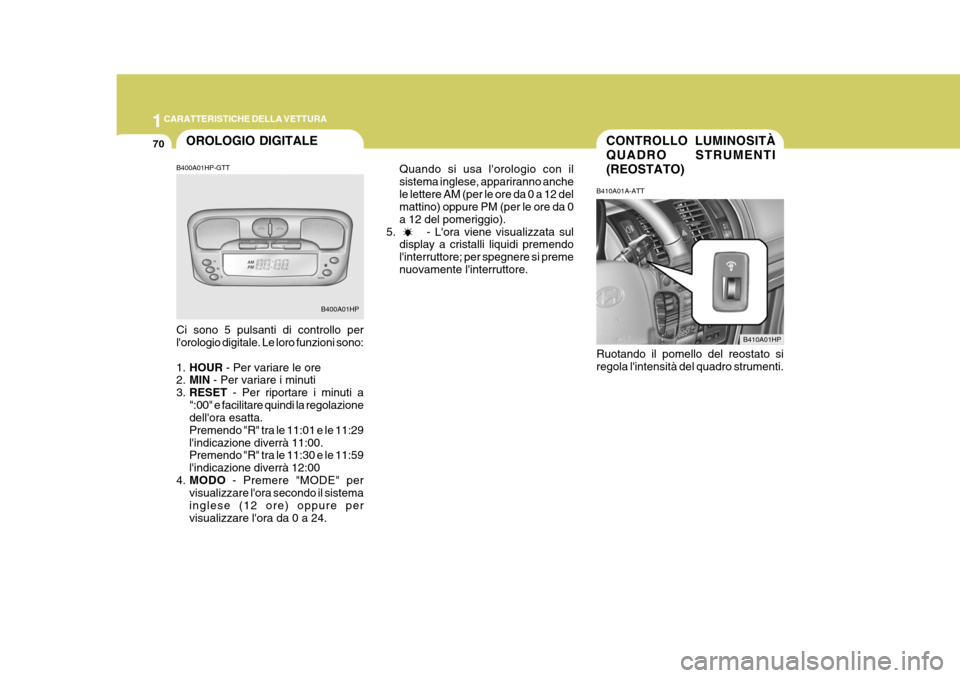 Hyundai Terracan 2005 Manuale del proprietario (in Italian) 1CARATTERISTICHE DELLA VETTURA
70CONTROLLO LUMINOSITÀ QUADRO STRUMENTI(REOSTATO)
B410A01HP
OROLOGIO DIGITALE
B400A01HP
Quando si usa lorologio con il sistema inglese, appariranno anchele lettere AM Hyundai Terracan 2005 Manuale del proprietario (in Italian) 1CARATTERISTICHE DELLA VETTURA
70CONTROLLO LUMINOSITÀ QUADRO STRUMENTI(REOSTATO)
B410A01HP
OROLOGIO DIGITALE
B400A01HP
Quando si usa lorologio con il sistema inglese, appariranno anchele lettere AM
