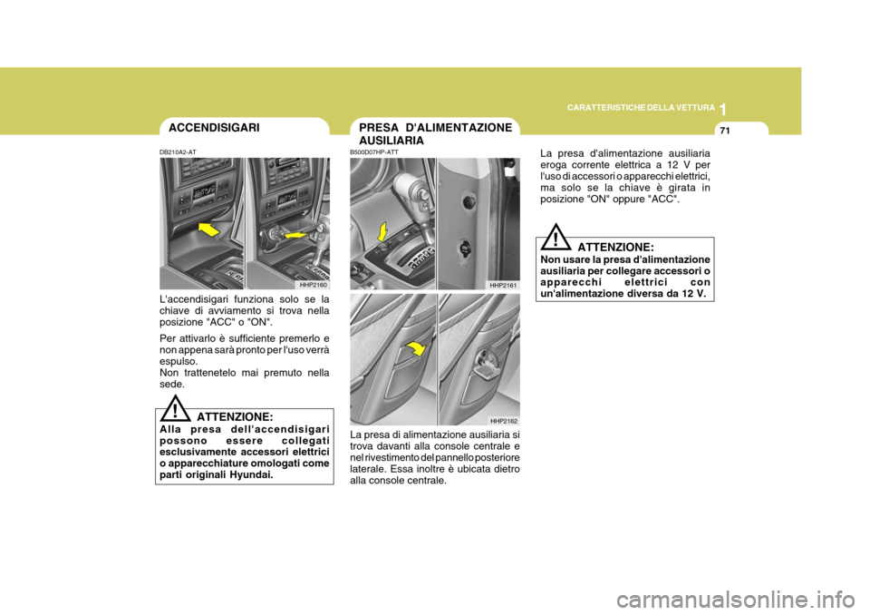 Hyundai Terracan 2005 Manuale del proprietario (in Italian) 1
CARATTERISTICHE DELLA VETTURA
71PRESA DALIMENTAZIONE AUSILIARIA
HHP2162
HHP2161ACCENDISIGARI
HHP2160
!
DB210A2-AT Laccendisigari funziona solo se la chiave di avviamento si trova nella posizione " Hyundai Terracan 2005 Manuale del proprietario (in Italian) 1
CARATTERISTICHE DELLA VETTURA
71PRESA DALIMENTAZIONE AUSILIARIA
HHP2162
HHP2161ACCENDISIGARI
HHP2160
!
DB210A2-AT Laccendisigari funziona solo se la chiave di avviamento si trova nella posizione "