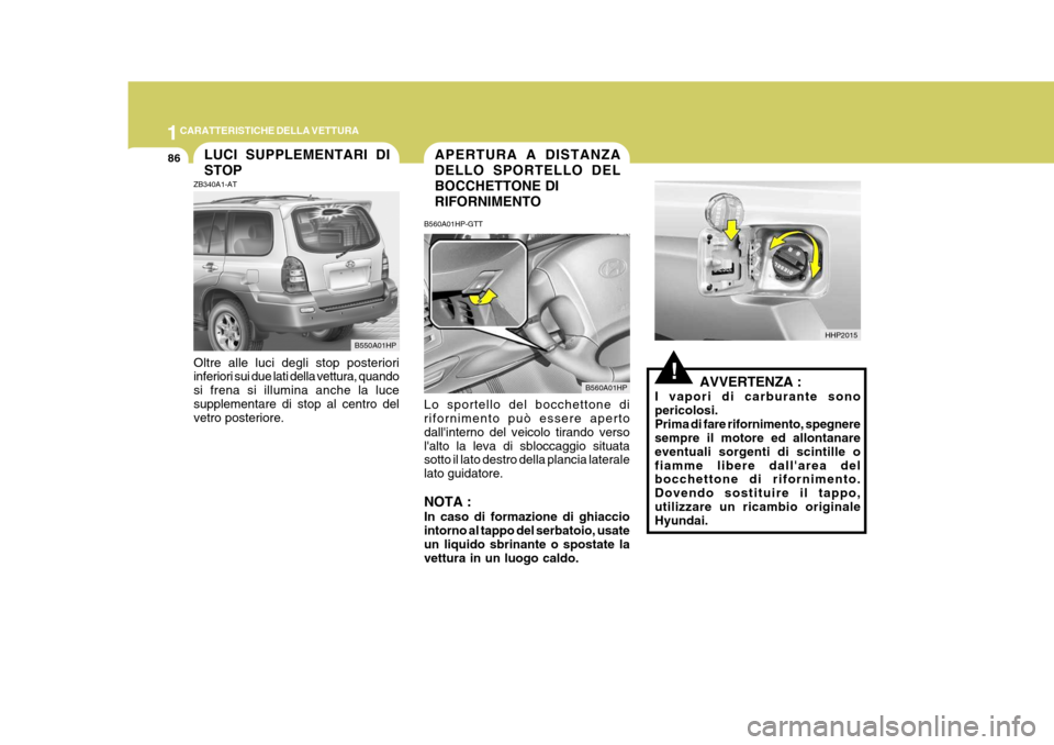Hyundai Terracan 2005  Manuale del proprietario (in Italian) 1CARATTERISTICHE DELLA VETTURA
86APERTURA A DISTANZA DELLO SPORTELLO DELBOCCHETTONE DIRIFORNIMENTO
B560A01HPLUCI SUPPLEMENTARI DI STOPB550A01HP
!
B560A01HP-GTT Lo sportello del bocchettone di rifornim
