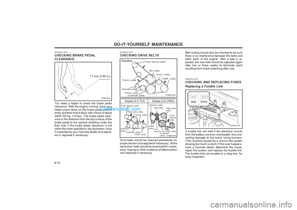 Hyundai Terracan 2004  Owners Manual DO-IT-YOURSELF MAINTENANCE
6-18
G200A01A-AAT CHECKING AND REPLACING FUSES Replacing a Fusible Link A fusible link will melt if the electrical circuits from the battery are ever overloaded, thus pre- v