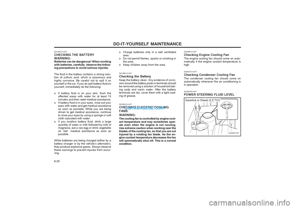 Hyundai Terracan 2004  Owners Manual DO-IT-YOURSELF MAINTENANCE
6-20
G220B01A-AAT Checking Engine Cooling FanThe engine cooling fan should come on auto- matically if the engine coolant temperature is high. G220C01A-AAT Checking Condenser