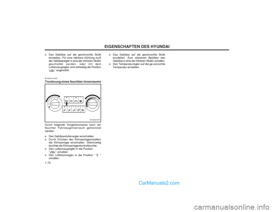 Hyundai Terracan 2004  Betriebsanleitung (in German) EIGENSCHAFTEN DES HYUNDAI
1-70 o Das Gebläse auf die gewünschte Stufe
einstellen. Zum stärkeren Belüften das Gebläse in eine der höheren Stufen schalten.
o Den Temperaturregler auf die ge-wünsc