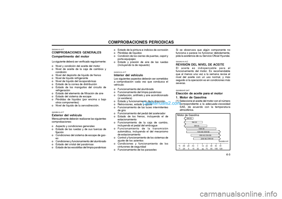 Hyundai Terracan 2004  Manual del propietario (in Spanish) COMPROBACIONES PERIODICAS  6-3
G020A01A-AYT
COMPROBACIONES GENERALES Compartimento del motor
Lo siguiente deberá ser verificado regularmente:
o Nivel y condición del aceite del motor 
o Nivel de ace