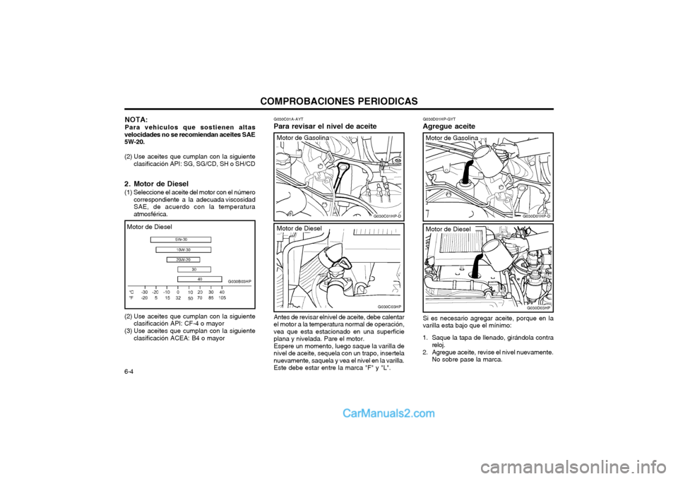 Hyundai Terracan 2004  Manual del propietario (in Spanish) COMPROBACIONES PERIODICAS
6-4
Motor de Diesel
G030C01A-AYT
Para revisar el nivel de aceite G030D01HP-GYT
Agregue aceite
Antes de revisar elnivel de aceite, debe calentar el motor a la temperatura norm