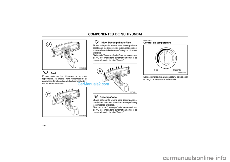 Hyundai Terracan 2004  Manual del propietario (in Spanish) COMPONENTES DE SU HYUNDAI
1-64
  Nivel Desempañado-Piso
El aire sale por la tobera para desempañar el parabrisas, los difusores de la zona reposapies,la tobera lateral de desempañado y los difusore