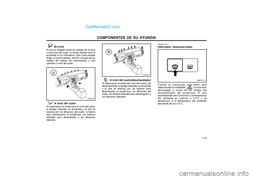Hyundai Terracan 2004  Manual del propietario (in Spanish) COMPONENTES DE SU HYUNDAI  1-73
B980F01E-AYT Interruptor desescarchado Cuando es presionado este botón será
seleccionada la modalidad "         " y el aire será
descargado a través de las salidas 