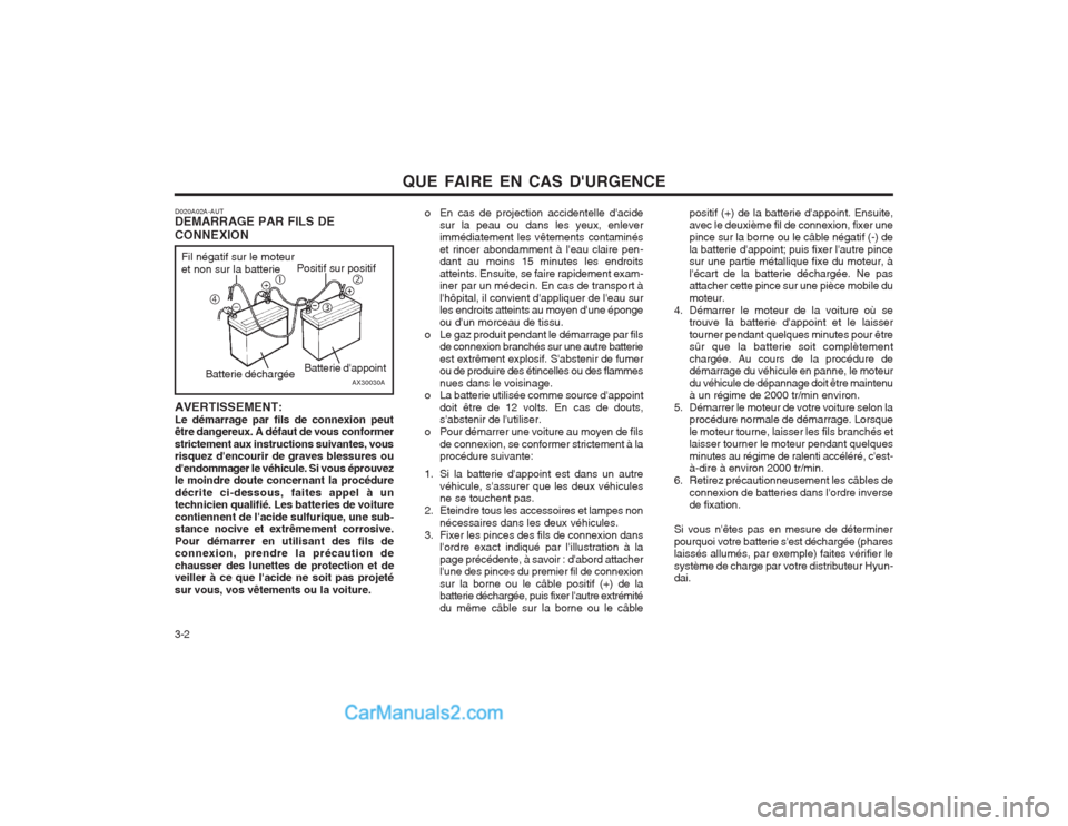 Hyundai Terracan 2004  Manuel du propriétaire (in French) QUE FAIRE EN CAS DURGENCE
3-2 o En cas de projection accidentelle dacide
sur la peau ou dans les yeux, enlever immédiatement les vêtements contaminés et rincer abondamment à leau claire pen- da