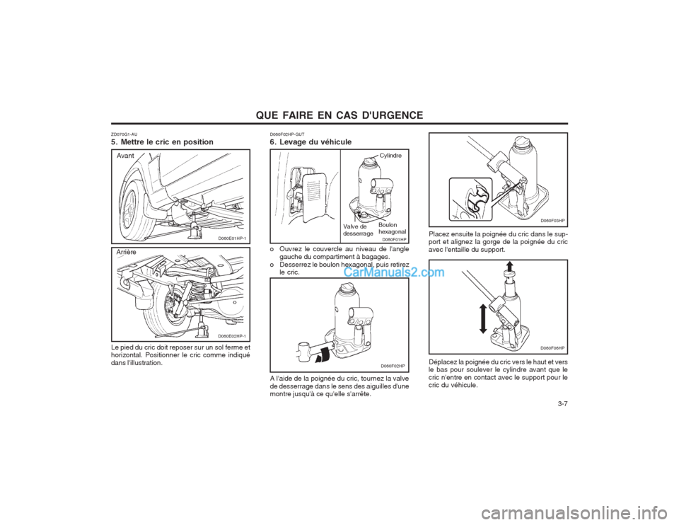 Hyundai Terracan 2004  Manuel du propriétaire (in French) QUE FAIRE EN CAS DURGENCE  3-7
D060F02HP-GUT 
6. Levage du véhicule 
o Ouvrez le couvercle au niveau de langlegauche du compartiment à bagages.
o Desserrez le boulon hexagonal, puis retirez le cri