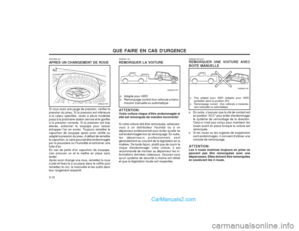 Hyundai Terracan 2004  Manuel du propriétaire (in French) QUE FAIRE EN CAS DURGENCE
3-10 D080B01HP-AUT REMORQUER UNE VOITURE AVEC
BOITE MANUELLE
o Pas adapte pour 4WD (adapte pour 4WD partielles dans la position 2H)
o Remorquage correct  dun vehicule a tra