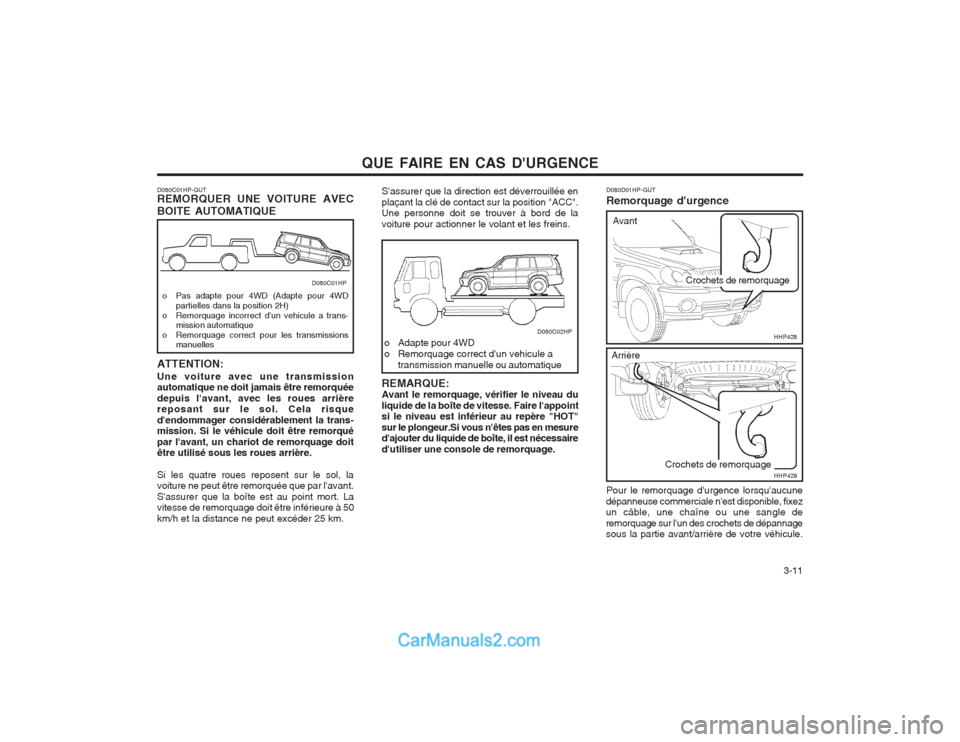 Hyundai Terracan 2004  Manuel du propriétaire (in French) QUE FAIRE EN CAS DURGENCE  3-11
REMARQUE: Avant le remorquage, vérifier le niveau du liquide de la boîte de vitesse. Faire lappoint si le niveau est inférieur au repère "HOT" sur le plongeur.Si 