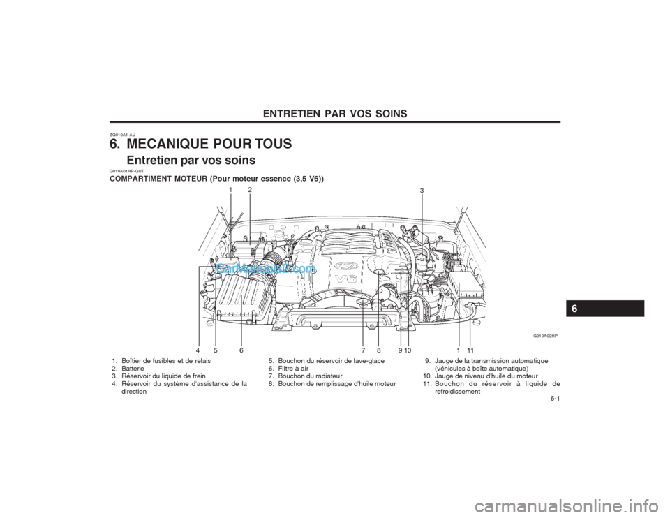 Hyundai Terracan 2004  Manuel du propriétaire (in French) ENTRETIEN PAR VOS SOINS  6-1
ZG010A1-AU 
6. MECANIQUE POUR TOUS
Entretien par vos soins
  5. Bouchon du réservoir de lave-glace 
 6. Filtre à air 
  7. Bouchon du radiateur 
  8. Bouchon de rempliss
