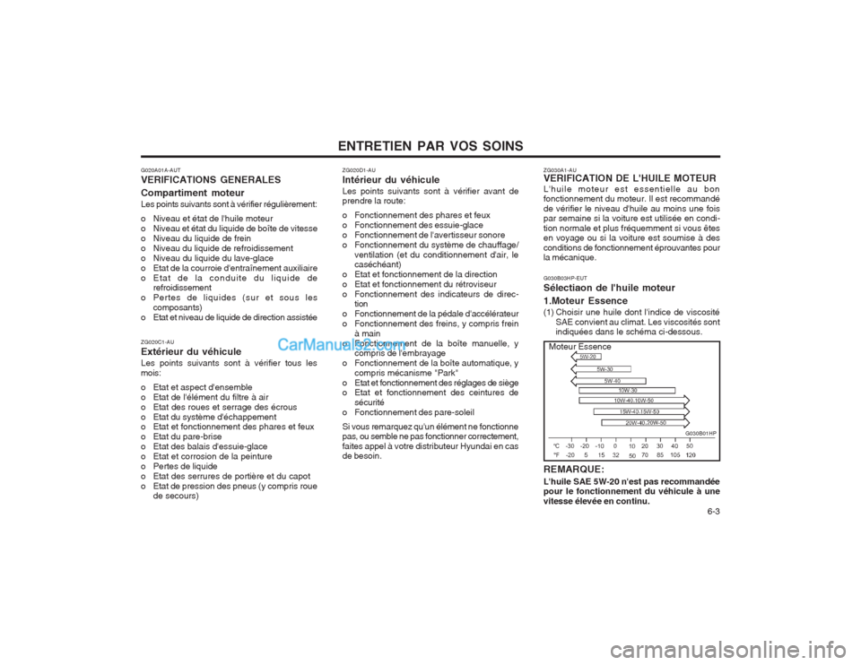 Hyundai Terracan 2004  Manuel du propriétaire (in French) ENTRETIEN PAR VOS SOINS  6-3
G020A01A-AUT VERIFICATIONS GENERALES Compartiment moteur Les points suivants sont à vérifier régulièrement: 
o Niveau et état de lhuile moteur 
o Niveau et état du 