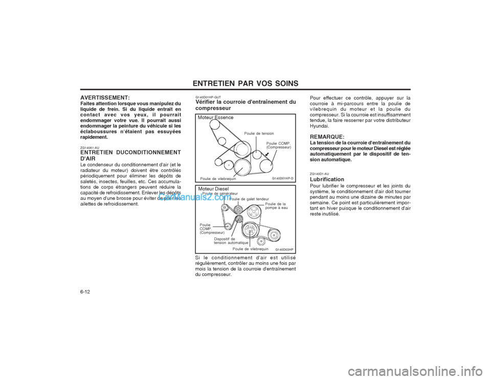 Hyundai Terracan 2004  Manuel du propriétaire (in French) ENTRETIEN PAR VOS SOINS
6-12 ZG140D1-AU LubrificationPour lubrifier le compresseur et les joints du système, le conditionnement dair doit tourner pendant au moins une dizaine de minutes par semaine.
