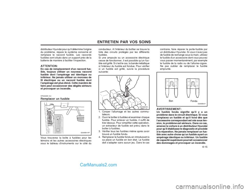 Hyundai Terracan 2004  Manuel du propriétaire (in French) ENTRETIEN PAR VOS SOINS  6-15
G200B03YFondu
Bon
AVERTISSEMENT: Un fusible fondu signifie quil y a unproblème dans le circuit électrique. Si vous remplacez un fusible et quil fond dès que laccess
