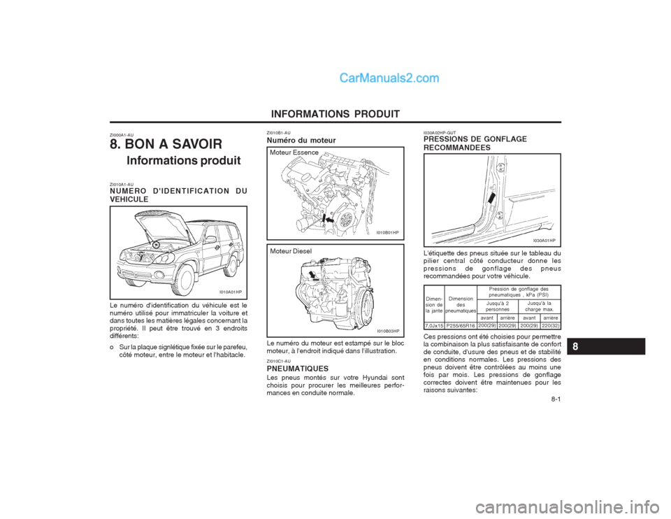 Hyundai Terracan 2004  Manuel du propriétaire (in French) INFORMATIONS PRODUIT  8-1
ZI000A1-AU 
8. BON A SAVOIRInformations produit
ZI010A1-AU NUMERO DIDENTIFICATION DU VEHICULE Le numéro didentification du véhicule est le numéro utilisé pour immatricu
