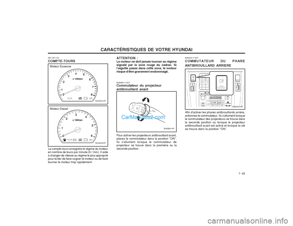Hyundai Terracan 2004  Manuel du propriétaire (in French) CARACTÉRISTIQUES DE VOTRE HYUNDAI1- 43
B360B01Y-GUT Commutateur du projecteur antibrouillard avant Pour activer les projecteurs antibrouillard avant, placez le commutateur dans la position "ON". Ils 
