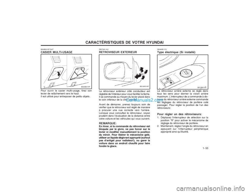 Hyundai Terracan 2004  Manuel du propriétaire (in French) CARACTÉRISTIQUES DE VOTRE HYUNDAI1- 53
SB360B1-FU Type électrique (Si installé) Le rétroviseur arrière externe se règle dans tous les sens pour donner la vision arrière maximum. Linterrupteur 