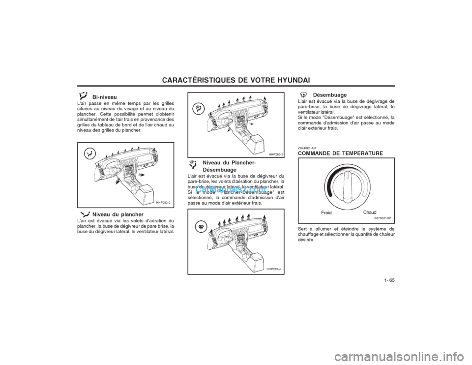 Hyundai Terracan 2004  Manuel du propriétaire (in French) CARACTÉRISTIQUES DE VOTRE HYUNDAI1- 65
ZB440E1-AU COMMANDE DE TEMPERATURE
HHP283-4
HHP283-3
Niveau du plancher
Lair est évacué via les volets daération du plancher, la buse de dégivreur de pare