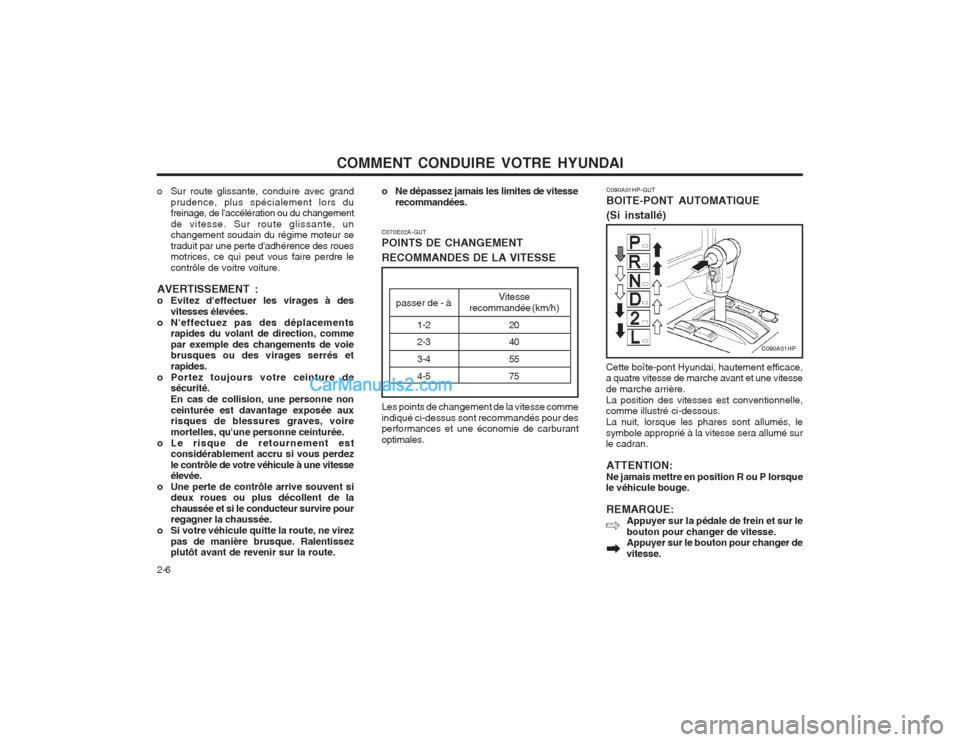 Hyundai Terracan 2004  Manuel du propriétaire (in French) COMMENT CONDUIRE VOTRE HYUNDAI
2-6 C090A01HP-GUT BOITE-PONT AUTOMATIQUE (Si installé)
Cette boîte-pont Hyundai, hautement efficace, a quatre vitesse de marche avant et une vitesse de marche arrière