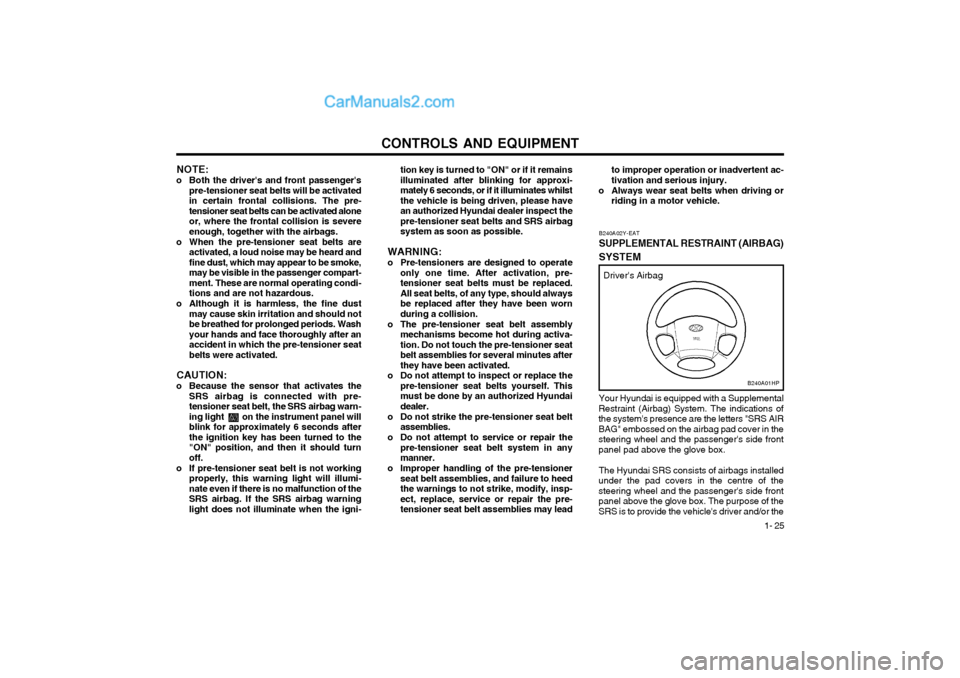 Hyundai Terracan 2003  Owners Manual CONTROLS AND EQUIPMENT1- 25
tion key is turned to "ON" or if it remains illuminated after blinking for approxi-mately 6 seconds, or if it illuminates whilstthe vehicle is being driven, please havean a