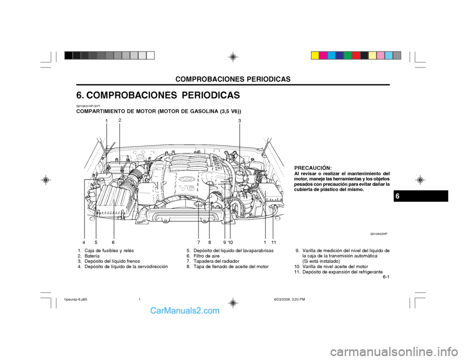 Hyundai Terracan 2003  Manual del propietario (in Spanish) COMPROBACIONES PERIODICAS  6-1
6. COMPROBACIONES PERIODICAS
 1. Caja de fusibles y relés 
 2. Batería 
  3. Depósito del líquido frenos 
 4. Depósito de líquido de la servodirección   5. Depós