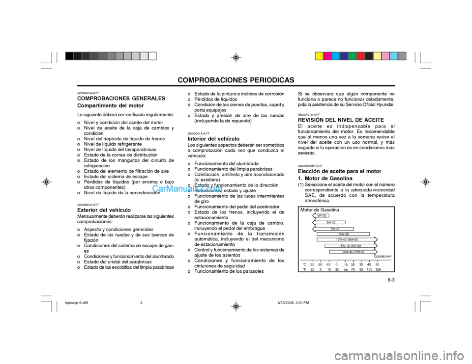 Hyundai Terracan 2003  Manual del propietario (in Spanish) COMPROBACIONES PERIODICAS  6-3
G020A01A-AYT
COMPROBACIONES GENERALES Compartimento del motor
Lo siguiente deberá ser verificado regularmente:
o Nivel y condición del aceite del motor 
o Nivel de ace