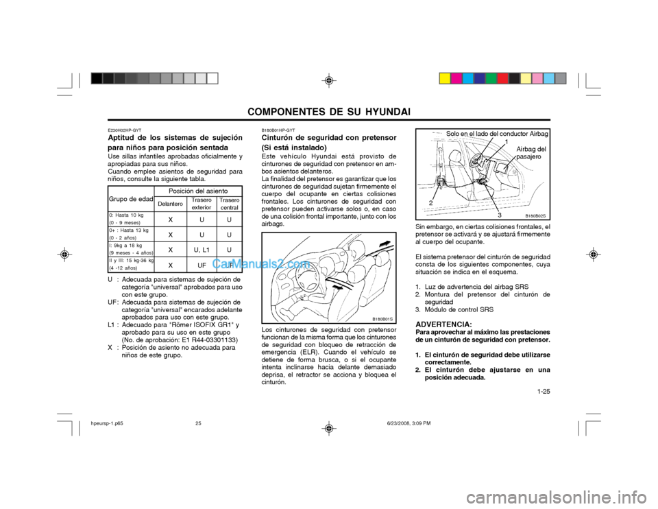 Hyundai Terracan 2003  Manual del propietario (in Spanish) COMPONENTES DE SU HYUNDAI  1-25
B180B01HP-GYT Cinturón de seguridad con pretensor
(Si está instalado) Este vehículo Hyundai está provisto de
cinturones de seguridad con pretensor en am- bos asient