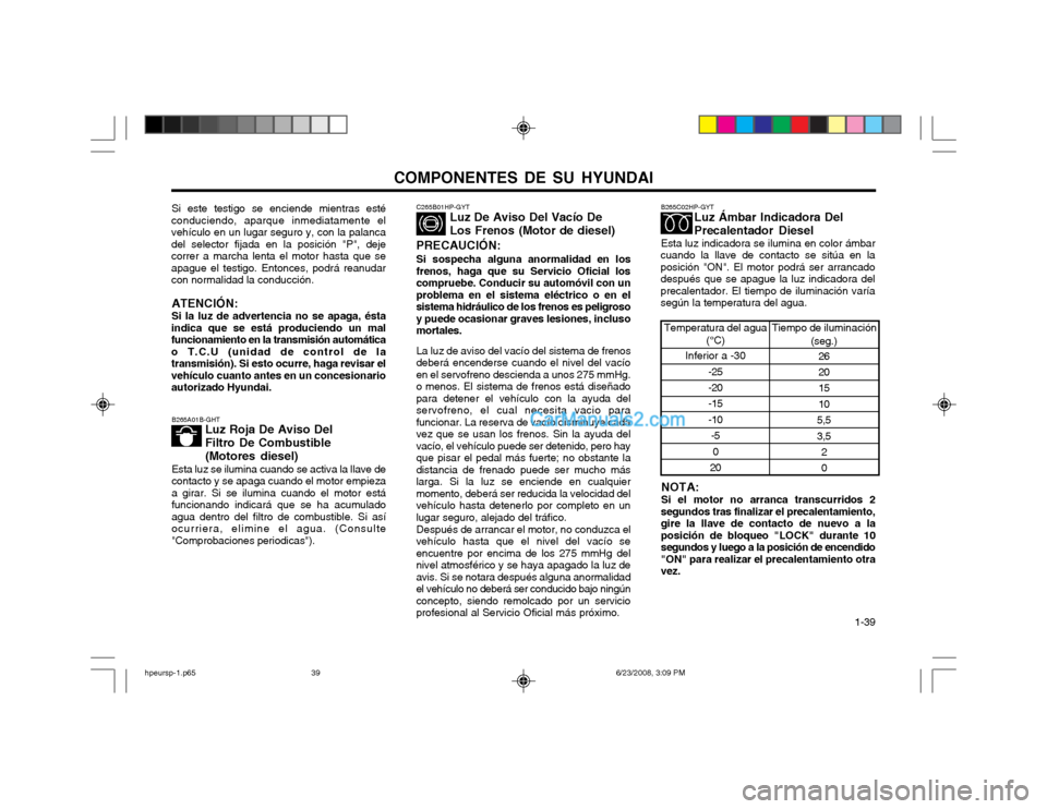 Hyundai Terracan 2003  Manual del propietario (in Spanish) COMPONENTES DE SU HYUNDAI  1-39
B265A01B-GHT
Luz Roja De Aviso Del Filtro De Combustible(Motores diesel)
Esta luz se ilumina cuando se activa la llave de contacto y se apaga cuando el motor empiezaa g