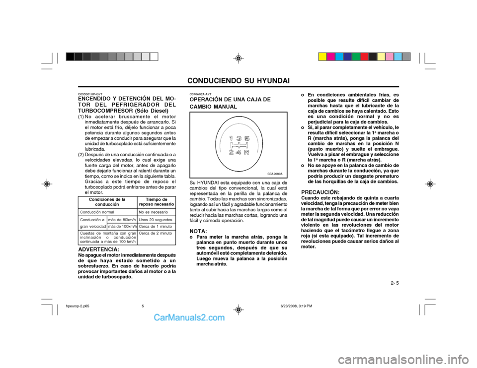 Hyundai Terracan 2003  Manual del propietario (in Spanish) CONDUCIENDO SU HYUNDAI 2- 5
C070A02A-AYT
OPERACIÓN DE UNA CAJA DE CAMBIO MANUAL o En condiciones ambientales frías, es
posible que resulte difícil cambiar de marchas hasta que el lubricante de laca