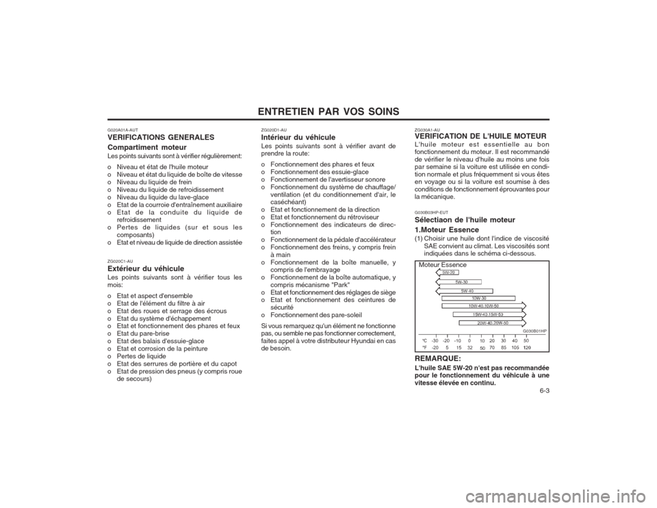 Hyundai Terracan 2003 Manuel du propriétaire (in French) ENTRETIEN PAR VOS SOINS 6-3
G020A01A-AUT VERIFICATIONS GENERALES Compartiment moteur Les points suivants sont à vérifier régulièrement:
o Niveau et état de lhuile moteur
o Niveau et état du Hyundai Terracan 2003 Manuel du propriétaire (in French) ENTRETIEN PAR VOS SOINS 6-3
G020A01A-AUT VERIFICATIONS GENERALES Compartiment moteur Les points suivants sont à vérifier régulièrement:
o Niveau et état de lhuile moteur
o Niveau et état du
